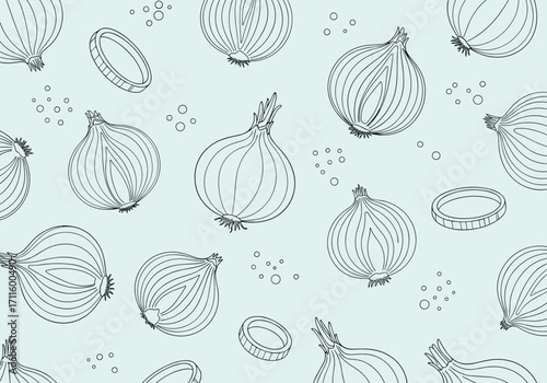 Seamless pattern of hand drawn onions and rings on a light blue background.