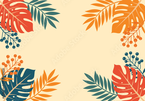 Tropical leaves and berries forming a border on a light background.