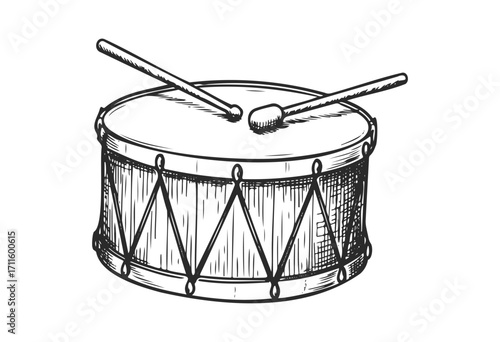 Vintage snare drum with sticks: hand-drawn musical instrument illustration - stock vector