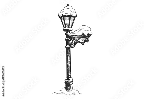 Vintage street lamp with snowy winter design in monochrome sketch - stock vector