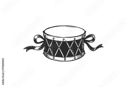 Vintage hand-drawn snare drum illustration with ribbon detailing in monochrome - stock vector
