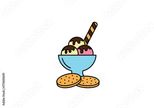 A delicious ice cream sundae with cookies and a wafer stick.