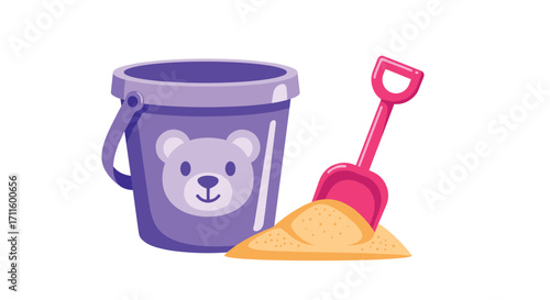 Childrens beach toys, sand pail and shovel, summer fun.
