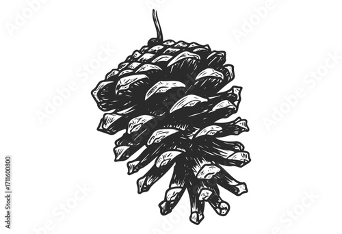 Detailed black and white pine cone illustration with sharp lines - stock vector