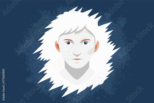 White-haired figure with a serious expression on a dark blue background