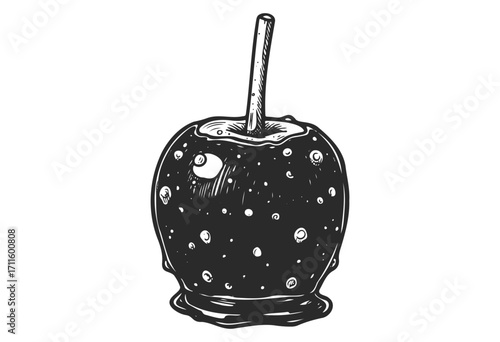 Hand-drawn candy apple illustration with stick and dripping caramel - stock vector