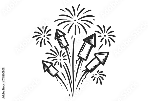 Black and white fireworks with rocket illustrations exploding in the sky - stock vector