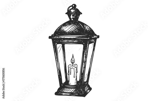 Vintage hand-drawn lantern with candle illustration in black and white - stock vector