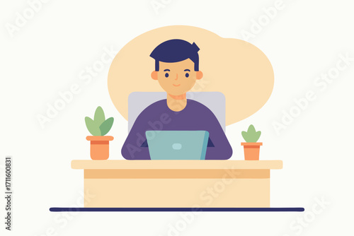 Young man working on laptop at desk with plants in simple office setting during daytime