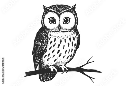Intricate black and white owl drawing on a branch - stock vector