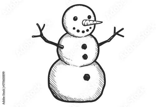 Black and white sketch of a jolly snowman with button eyes and stick arms - stock vector