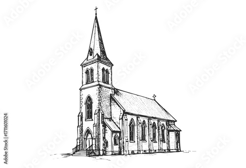 Sketch of a historic gothic church with tall steeple and stained glass windows - stock vector
