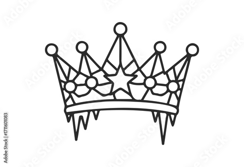 Intricate crown outline design with star and gem details - stock vector