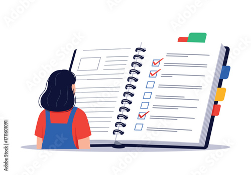 A person reviews a large open notebook with a checklist and tabs.
