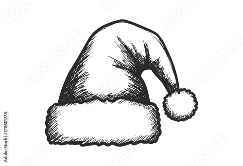 Hand-drawn santa hat illustration with fluffy pom-pom - stock vector