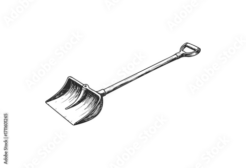 Vintage hand-drawn snow shovel sketch with curved blade - stock vector