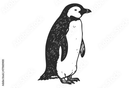 Hand-drawn penguin illustration in black and white - stock vector