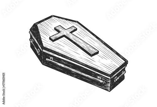 Wooden coffin illustration with cross on lid in black and white - stock vector