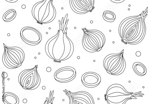 A minimalist doodle pattern of onions and onion rings on a white background.