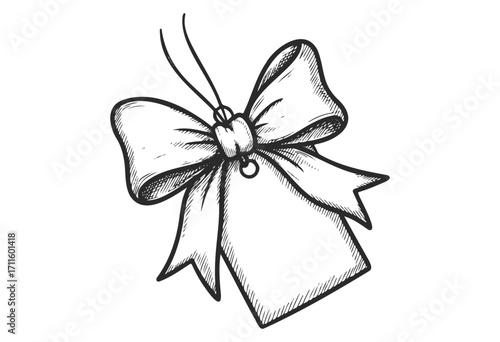 Hand-drawn gift tag with bow and ribbon in ink style - stock vector