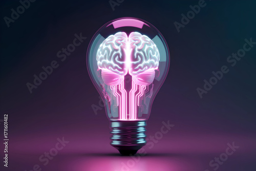 Pink brain glows inside lightbulb with circuit details on dark gradient surface.  Use for technology, AI, or innovation presentations.