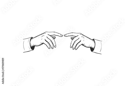 Monochrome illustration of two hands reaching to touch each other - stock vector