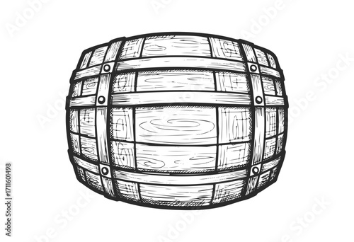 Illustrated wooden barrel with metal bands in vintage style - stock vector