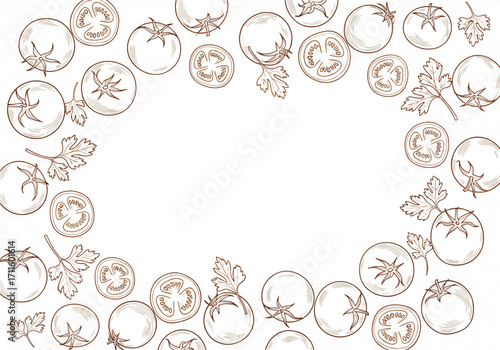 Hand drawn tomato and basil border illustration on a white background.