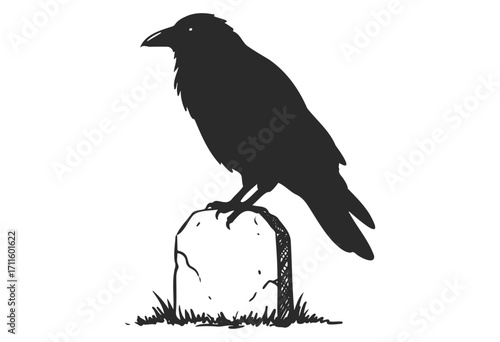 Silhouette of a raven perched on a grave marker against a - stock vector