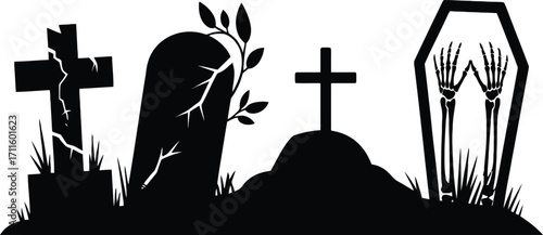 Silhouette of a spooky graveyard with tombstones crosses and a coffin