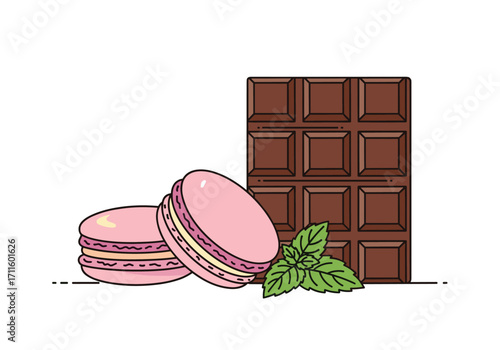 A sweet treat featuring pink macarons and a dark chocolate bar with mint leaves.