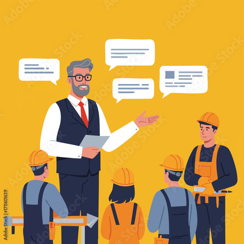 A professional manager conducts a vital safety and operational briefing for a diverse team of construction workers, fostering clear communication and understanding.