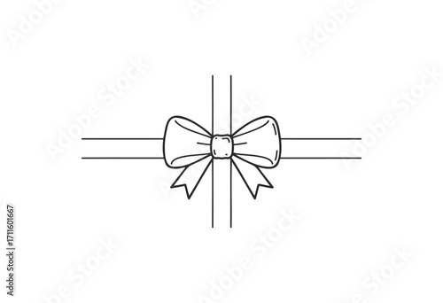 Elegant gift box with ribbon bow line art design in black and white - stock vector