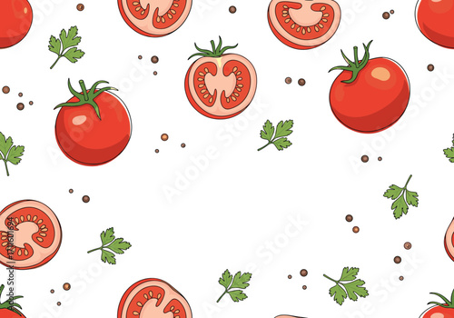 Fresh ripe tomatoes and parsley scattered on a white background with peppercorns.
