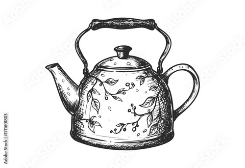 Vintage floral teapot illustration with ornate handle and botanical design - stock vector
