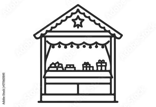 Christmas market stall outline with gift boxes and decorations - stock vector