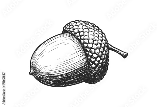 Detailed black and white acorn drawing with textured contours and intricate shading - stock vector