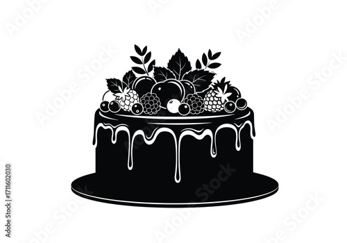 A delicious cake decorated with fresh berries and green leaves.