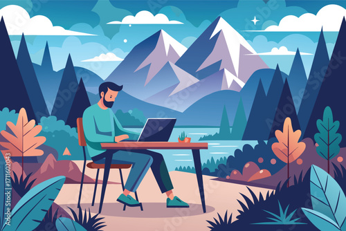 Working on a laptop outdoors with mountains and trees in the background during a serene day