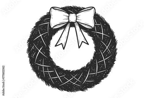 Hand-drawn holiday wreath with ribbon bow illustration in black and white - stock vector