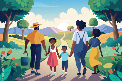 Family stroll in a countryside landscape during a sunny day with green fields and rolling hills
