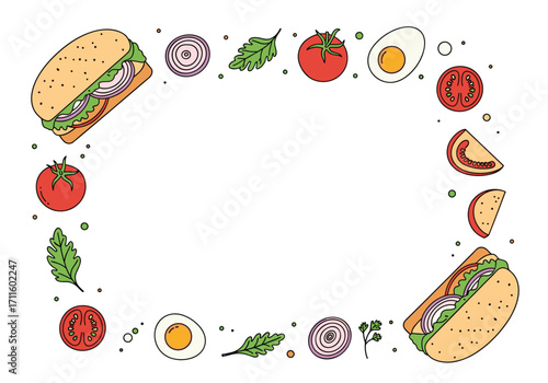 Delicious sandwich and fresh ingredients framing an empty space for text.