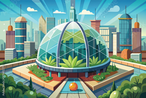 Modern urban greenhouse showcased among towering skyscrapers in a vibrant city landscape