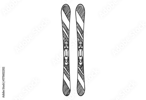 Vintage style black and white illustration of a pair of skis with bindings - stock vector