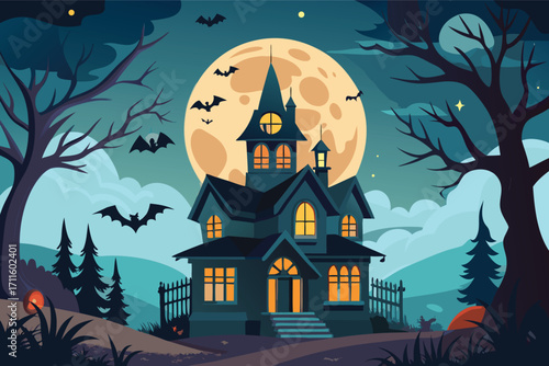 Haunted mansion surrounded by bats and full moon in a spooky nighttime scene