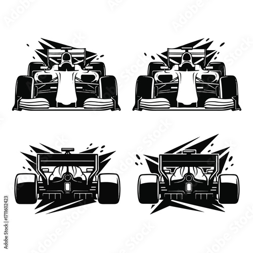 Four stylized monochrome Formula 1 race car illustrations.