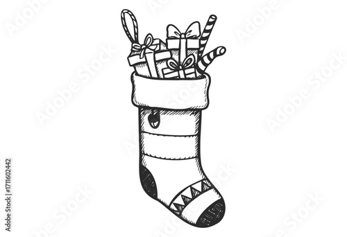 Christmas stocking filled with gifts and candy canes in black and white sketch - stock vector