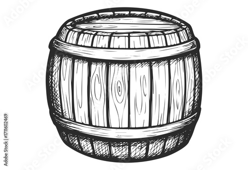 Vintage wooden barrel illustration with detailed lines and shading - stock vector