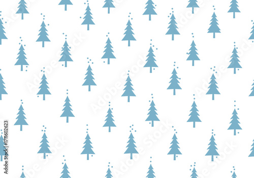 A festive pattern of blue evergreen trees with light snow falling.