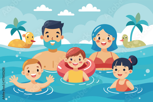 Family enjoys fun day at the pool with floats and smiles under a bright blue sky